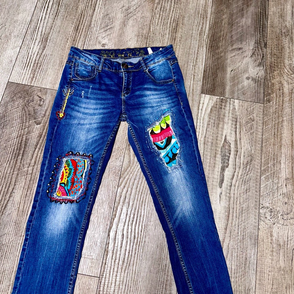 Desigual USA patchwork colorful raw hem jeans sz 32 embroidered pants - Picture 3 of 8